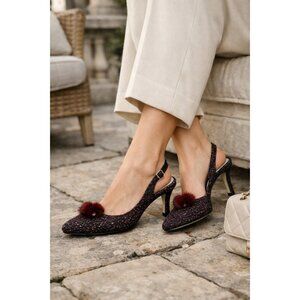 Cynthia Rowley Geist Tweed Slingback Heels Burgundy Pom Pom Kitten Heel Shoes